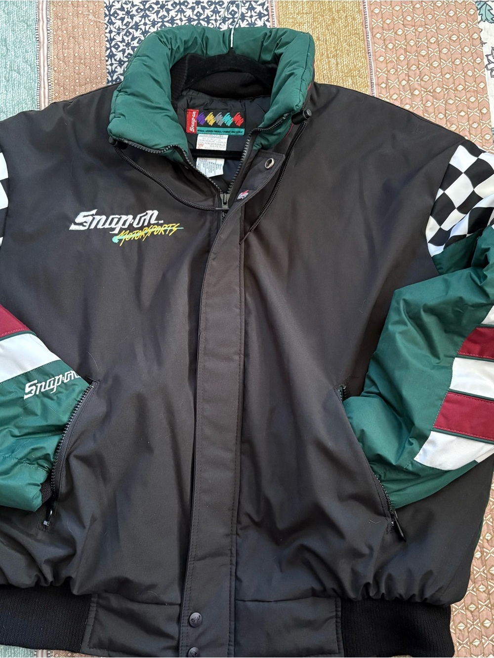 Snap On Black Puffer Jacket with Green and Maroon Accents